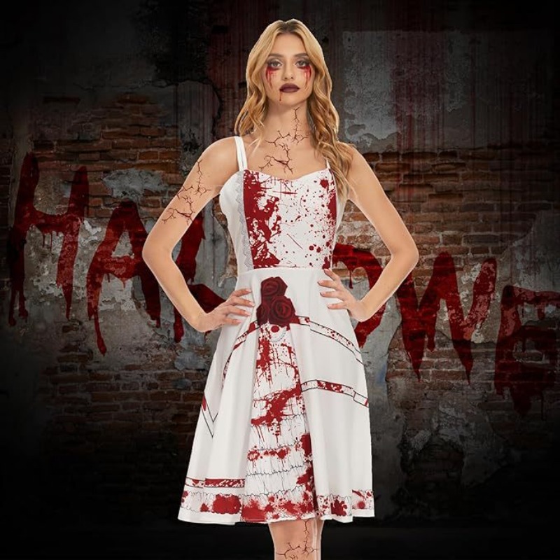 Zombie Party Games - Kostum Halloween Hantu, Gaun Suspender Bermotif